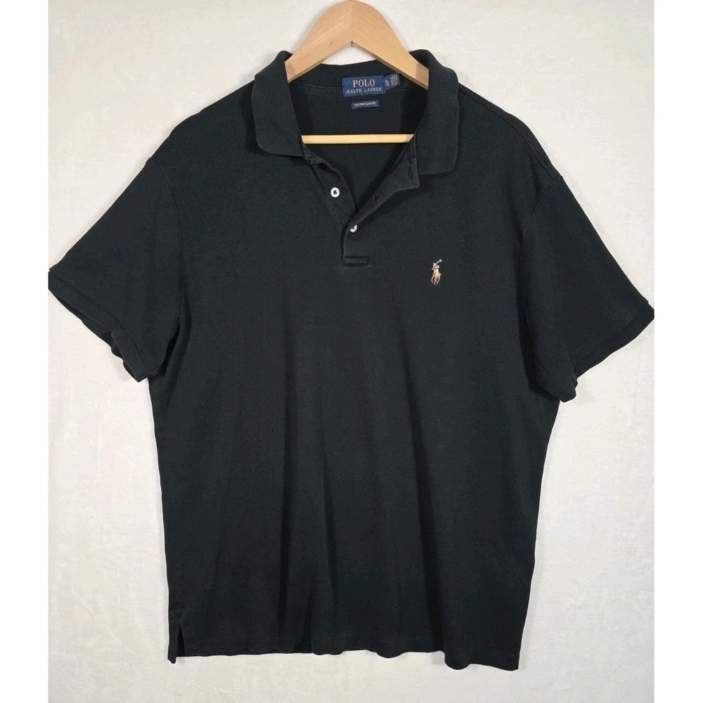 Y2K Polo Ralph Lauren Custom Slim Fit Black Polo Shirt Men's XL Cotton Logo